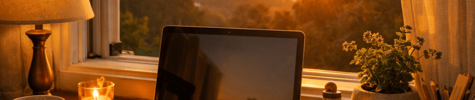 Laptop, open notebook with pen, cup, candle, and plant on wooden desk by window at sunset